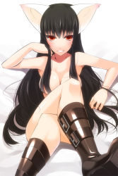 Rule 34 | 1girl, animal ears, bad id, bad pixiv id, black hair, censored, convenient censoring, female focus, grin, hair censor, hair over breasts, crossed legs, long hair, ohta yuichi, red eyes, sitting, smile, solo, un9man, very long hair