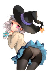 Rule 34 | 10s, 1girl, absurdres, arched back, ass, black pantyhose, braid, cuteg, flower, from behind, glasses, grey hair, hair flower, hair ornament, hair over shoulder, hat, highres, kono naka ni hitori imouto ga iru!, looking back, official art, open mouth, own hands clasped, own hands together, panties, panties under pantyhose, pantyhose, pantyshot, pleated skirt, purple eyes, sagara mei, scan, skirt, solo, thighhighs, underwear, upskirt, white panties, white thighhighs, witch hat