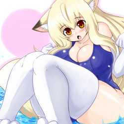 Rule 34 | 1girl, animal ears, blonde hair, breasts, elbow gloves, female focus, fox ears, gloves, huge breasts, long hair, numadaira, one-piece swimsuit, open mouth, sitting, solo, swimsuit, thick thighs, thighhighs, thighs, water, white gloves, white thighhighs, yellow eyes