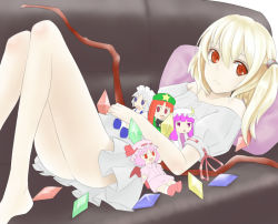 Rule 34 | 1girl, ass, bad id, bad pixiv id, bare shoulders, bat wings, blonde hair, casual, character doll, chibi, couch, doll, dress, female focus, flandre scarlet, hat, hong meiling, izayoi sakuya, long hair, lying, maid, maid headdress, nonowa, patchouli knowledge, purple eyes, purple hair, red eyes, red hair, remilia scarlet, short hair, side ponytail, silver hair, solo, embodiment of scarlet devil, touhou, wings, yuu (archaic smile)