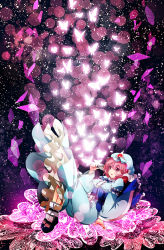 Rule 34 | 1girl, blue dress, bug, butterfly, butterfly on hand, dress, glowing, hat, bug, long sleeves, nagare, open mouth, pink eyes, pink hair, saigyouji yuyuko, sash, solo, touhou, triangular headpiece, veil, wide sleeves
