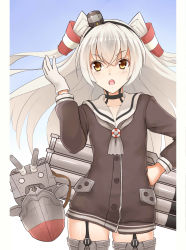 Rule 34 | 10s, 1girl, absurdres, amatsukaze (kancolle), blue background, brown eyes, cowboy shot, dress, garter straps, gloves, gradient background, hair tubes, hand on own hip, highres, kantai collection, long hair, looking at viewer, mokou (zynalex), open mouth, rensouhou-kun, sailor dress, short dress, silver hair, single glove, solo, striped, thighhighs, two side up