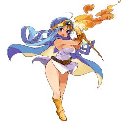 Rule 34 | 1girl, ahoge, bare shoulders, belt, blue cape, blue eyes, blue hair, blush, boots, breasts, cape, circlet, cleavage, commentary request, dragon quest, dragon quest iii, dress, fire, full body, gloves, hands up, holding, holding staff, long hair, looking at viewer, magic, medium breasts, mota, open mouth, sage (dq3), simple background, sleeveless, sleeveless dress, smile, solo, staff, white background, white dress, yellow footwear