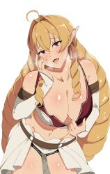 Rule 34 | 1girl, absurdres, ahoge, areola slip, bare shoulders, belt, bikini, bikini pull, black shorts, blonde hair, blush, breasts, brown belt, brown eyes, clothes pull, collarbone, contrapposto, cowboy shot, detached sleeves, drill hair, elf, elinalise dragonroad, hair between eyes, hand on own cheek, hand on own face, head tilt, highres, hukii, large breasts, long hair, long sleeves, looking at viewer, mushoku tensei, naughty face, navel, open mouth, pointy ears, red bikini, short shorts, shorts, showgirl skirt, simple background, smile, solo, swimsuit, teasing, very long hair, white background, white sleeves
