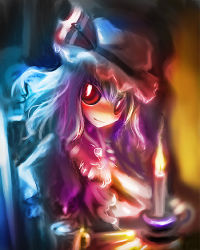 Rule 34 | 1girl, bad id, bad pixiv id, candle, chair, collar, female focus, fire, fire, frills, hat, long hair, long sleeves, looking at viewer, mob cap, purple hair, red eyes, remilia scarlet, solo, table, tanaka ken&#039;ichi, touhou, upper body, very long hair, wax