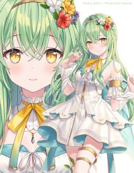 Rule 34 | 1girl, bare shoulders, braid, breasts, closed mouth, commentary, dress, english commentary, flower, green hair, hair between eyes, hair flower, hair ornament, hands up, highres, hitsukuya, indie virtual youtuber, long hair, multiple views, peony aeria, pointy ears, purple flower, red flower, simple background, small breasts, smile, thigh strap, very long hair, virtual youtuber, white background, white dress, white flower, wrist cuffs, yellow eyes, yellow flower