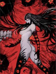 Rule 34 | 1girl, ass, bare shoulders, black skin, breasts, colored skin, floating hair, from side, highres, kamishiro rize, large breasts, long hair, nude, parted lips, red background, red skin, solo, teeth, tokyo ghoul, tokyo ghoul:re, very long hair, yourfreakyneighbourh