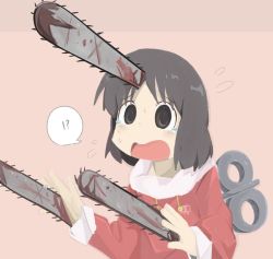 Rule 34 | !?, 1girl, black eyes, black hair, blood, bloody weapon, blush stickers, chainsaw, chainsaw man, coat, crossover, drawstring, flying sweatdrops, hands up, highres, hood, hoodie, long sleeves, medium hair, naaga sonomono, nichijou, red coat, red hoodie, scared, shinonome nano, simple background, speech bubble, sweatdrop, tearing up, upper body, weapon, winding key