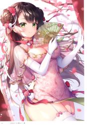 Rule 34 | 1girl, absurdres, artist name, blurry, blurry background, blush, breasts, brown hair, china dress, chinese clothes, cleavage, closed mouth, day, double bun, dress, elbow gloves, floral print, garter straps, gloves, green eyes, hair bun, hair ornament, hand fan, highres, holding, lips, looking at viewer, medium breasts, mitsuba choco, original, outdoors, page number, pink dress, scan, see-through, smile, solo, thighhighs, thighs, white gloves, white thighhighs