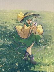 Rule 34 | 1girl, black footwear, black hat, boots, closed eyes, day, full body, ge dazuo, grass, green skirt, hat, hat ribbon, heart, heart of string, highres, holding, holding eyeball, komeiji koishi, long sleeves, open mouth, outdoors, ribbon, shirt, skirt, smile, solo, standing, touhou, wide sleeves, yellow ribbon, yellow shirt