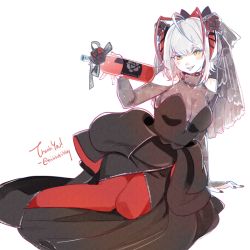 Rule 34 | 1girl, arknights, black dress, dress, smile, tribute (tributism), w (arknights), white background