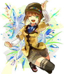 Rule 34 | 1girl, belt, breasts, brown hair, coat, flower, green eyes, hat, heart, leia rolando, open mouth, shoes, short hair, shorts, tales of (series), tales of xillia, tales of xillia 2, thighhighs, wink