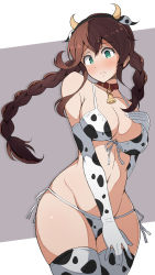 Rule 34 | 1girl, animal ears, animal print, bell, bikini, blush, braid, breasts, brown hair, cleavage, closed mouth, cow ears, cow horns, cow print, cowbell, cowboy shot, elbow gloves, fake animal ears, fake horns, gloves, green eyes, hair between eyes, highres, horns, kantai collection, large breasts, long hair, nel-c, noshiro (kancolle), solo, swimsuit, thighhighs, twin braids, two-tone background, white bikini, white gloves, white thighhighs