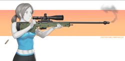 Rule 34 | 1girl, absurdres, accuracy international, ai arctic warfare, black hair, black shorts, blue tank top, bolt action, casing ejection, colored skin, commentary, english commentary, gun, highres, holding, holding gun, holding weapon, long hair, midriff, mleth, navel, nintendo, orange background, ponytail, rifle, scope, shell casing, shorts, sniper rifle, solo, tank top, twitter username, watermark, weapon, web address, white background, white skin, wii fit, wii fit trainer, wii fit trainer (female)