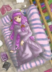 Rule 34 | 1girl, arano oki, book, breasts, couch, female focus, hat, large breasts, long hair, patchouli knowledge, purple hair, ribbon, saba miso, solo, touhou