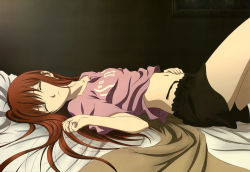 Rule 34 | 1girl, :o, absurdres, bed, bed sheet, brown hair, closed eyes, from side, hand on own stomach, highres, knees up, long hair, lying, makise kurisu, midriff, navel, nyantype, official art, on back, on bed, parted lips, sakai kyuuta, scan, sleeping, solo, steins;gate, stomach