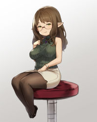 Rule 34 | 1girl, aged down, asymmetrical bangs, bracelet, breasts, brown hair, brown haired glasses elf (houtengeki), closed mouth, glasses, gradient background, green eyes, grey background, half-closed eyes, hand on own thigh, hand up, high collar, high heels, highres, houtengeki, jewelry, long hair, looking at viewer, medium breasts, necklace, original, pantyhose, pencil skirt, pointy ears, shortstack, sitting, skirt, sleeveless, sleeveless sweater, smile, solo, sweater, turtleneck, turtleneck sweater