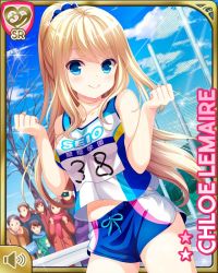 Rule 34 | 3girls, 4boys, blonde hair, blue eyes, card (medium), character name, chloe lemaire, clenched hands, cloud, coat, day, girlfriend (kari), gym uniform, long hair, multiple boys, multiple girls, official art, outdoors, ponytail, qp:flapper, scarf, short shorts, shorts, sky, smile, solo focus, track and field, tree, very long hair, vest