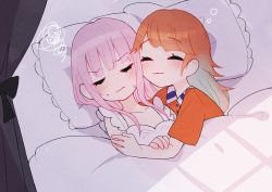 Rule 34 | 2girls, :3, ^ ^, absurdres, bed, bed sheet, blush, cheek-to-cheek, closed eyes, commentary request, heads together, highres, hololive, hololive english, long hair, mori calliope, multiple girls, neru (flareuptf1), orange hair, pillow, pink hair, sleeping, squiggle, takanashi kiara, virtual youtuber