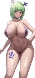 Rule 34 | 1girl, absurdres, bikini, blush, brandish mew, breasts, choker, curvy, dripping, fairy tail, green eyes, green hair, hand on own hip, highres, jasony, large breasts, leg tattoo, looking at viewer, nail polish, navel, short hair, simple background, slingshot swimsuit, solo, string bikini, swimsuit, tattoo, thick thighs, thighs, wet, wide hips