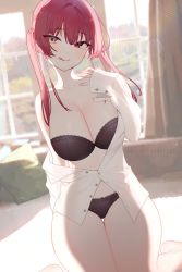 Rule 34 | 1girl, :q, artist name, black bra, black panties, blurry, blurry background, bra, breasts, curtains, heterochromia, highres, hololive, houshou marine, indoors, kneeling, large breasts, long hair, long sleeves, nanoless, panties, pillow, red eyes, red hair, shirt, solo, thick thighs, thigh gap, thighs, tongue, tongue out, twintails, underwear, virtual youtuber, white shirt, window, yellow eyes