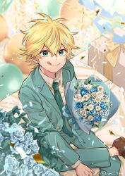 Rule 34 | 1boy, balloon, black clover, blonde hair, blue eyes, blue flower, blue rose, bouquet, closed mouth, collared shirt, commentary, confetti, flower, formal, gift, green jacket, green necktie, green pants, green suit, happy birthday, highres, holding, holding bouquet, jacket, leg up, long sleeves, looking at viewer, luck voltia, male focus, nac tw, necktie, pants, pinstripe pattern, pinstripe shirt, rose, shirt, short hair, sitting, smile, solo, striped, suit, suit jacket, symbol-only commentary, tongue, tongue out, twitter username