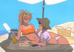 Rule 34 | 2girls, alcohol, beach, beach umbrella, beer, bikini, black hair, blonde hair, blush, book, bracelet, breasts, cellphone, chariot (prettyme), cleavage, closed mouth, collarbone, commentary request, cooler, day, eye contact, eyewear on head, green nails, hand on another&#039;s chin, hat, highres, jewelry, long hair, looking at another, lying, medium breasts, multiple girls, nail polish, navel, ocean, on stomach, one-piece swimsuit, open book, orange bikini, orange headwear, original, outdoors, parted lips, phone, picnic basket, ponytail, purple one-piece swimsuit, shade, short hair, signature, smartphone, smile, sun hat, sunglasses, sweat, swimsuit, umbrella, watermark, yuri