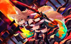 Rule 34 | 1girl, animal ear fluff, animal ears, arm strap, bare shoulders, black gloves, black shorts, black thighhighs, blonde hair, boots, crop top, fox ears, fox girl, fox tail, gloves, green eyes, highres, holding, holding sword, holding weapon, jacket, kokonoe tsubaki, long hair, looking at viewer, midriff, multiple tails, navel, open clothes, open jacket, original, outstretched arms, revealing clothes, short shorts, shorts, sleeveless, sleeveless jacket, solo, sword, tail, thighhighs, two tails, v-shaped eyebrows, weapon, yoshizawa tsubaki