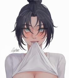 Rule 34 | 1girl, animification, apex legends, arc4na, artist name, black hair, blue eyes, blush, breasts, cleavage, clothes in mouth, clothes lift, hair bun, medium breasts, mouth hold, parted bangs, shirt, shirt in mouth, shirt lift, signature, single hair bun, smile, solo, white background, white shirt, wraith (apex legends)