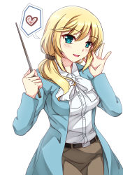 Rule 34 | 1girl, aqua eyes, belt, blonde hair, blue jacket, breasts, commentary request, ellen baker, green eyes, hair over shoulder, hair ribbon, heart, highres, jacket, long hair, long sleeves, looking at viewer, low ponytail, new horizon, open mouth, pointer, ribbon, scrunchie, sheita, solo, spoken heart, stick, upper body