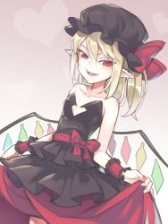 Rule 34 | 1girl, :d, alternate costume, asutora, bare arms, bare shoulders, black hat, blonde hair, blush, bow, breasts, collarbone, commentary request, cowboy shot, fangs, flandre scarlet, gradient background, grey background, hair between eyes, hat, hat bow, heart, long hair, looking at viewer, mob cap, nail polish, open mouth, pointy ears, red bow, red eyes, red nails, red sash, red skirt, sash, sidelocks, skirt, small breasts, smile, solo, standing, strapless, touhou, tsurime, white background, wrist cuffs