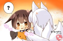 Rule 34 | 2girls, animal ears, artist name, azur lane, bad id, bad twitter id, brown eyes, brown hair, cheek press, commentary request, crossover, fox ears, fox girl, fox tail, gradient background, historical name connection, japanese clothes, kaga (azur lane), kaga (kancolle), kantai collection, long hair, multiple girls, multiple tails, name connection, orange background, short hair, side ponytail, stuffed animal, stuffed cat, stuffed toy, tail, taisa (kari), tasuki, twitter username, upper body, white background, white hair