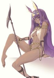 Rule 34 | absurdres, animal ears, arm support, bangle, barefoot, bracelet, breasts, cross-laced footwear, cross-laced sandals, dark-skinned female, dark skin, emoshon, facial mark, fate/grand order, fate (series), hair between eyes, hair over shoulder, hairband, high heels, highres, jewelry, long hair, looking at viewer, midriff, navel, nitocris (fate), purple eyes, shoes, simple background, single shoe, sitting, small breasts, solo, staff, underboob, very long hair