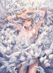 Rule 34 | 1girl, armpits, arms up, bare shoulders, bracelet, bubble, fish, floating hair, flower, gold nails, hair between eyes, highres, jewelry, long hair, looking at viewer, magnolia, minami (minami373916), original, parted lips, plant, shadow, smile, solo, white flower, white hair, yellow eyes