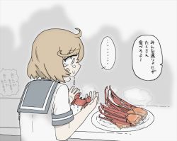Rule 34 | 10s, ahoge, bandaid, bandaid on face, brown hair, commentary, crab, crying, crying with eyes open, highres, holding, kantai collection, nhk (artist), oboro (kancolle), plate, school uniform, serafuku, short hair, solo, tears, translated