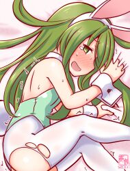 Rule 34 | 1girl, aftersex, animal ears, bare shoulders, blush, bow, bowtie, detached collar, fake animal ears, green eyes, green hair, green leotard, kanon (kurogane knights), kantai collection, leotard, long hair, looking at viewer, lying, nagatsuki (kancolle), one-hour drawing challenge, open mouth, pantyhose, playboy bunny, rabbit ears, rabbit tail, strapless, strapless leotard, sweatdrop, tail, tears, torn clothes, torn pantyhose, white pantyhose, wrist cuffs