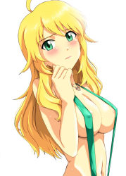 Rule 34 | 1girl, ahoge, blonde hair, blush, breasts, covered erect nipples, enfuku, green eyes, green one-piece swimsuit, hoshii miki, idolmaster, idolmaster (classic), large breasts, long hair, looking at viewer, one-piece swimsuit, slingshot swimsuit, solo, standing, swimsuit, white background