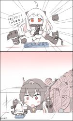 Rule 34 | 10s, 2girls, abyssal ship, ahoge, bare shoulders, black hair, blush, colored skin, commentary, dress, figure, gloves, gradient background, headgear, holding, horns, kantai collection, long hair, looking at viewer, mittens, multiple girls, nagato (kancolle), nendoroid, northern ocean princess, open mouth, pale skin, red eyes, rexlent, saliva, simple background, sleeveless, sleeveless dress, translation request, white dress, white hair, white skin