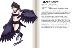 Rule 34 | 1girl, animal hands, belt, black hair, black harpy, blush, character profile, choker, collar, digitigrade, earrings, english text, feathers, hard-translated, harpy, jewelry, kenkou cross, monster girl, monster girl encyclopedia, navel, official art, pointy ears, red eyes, shorts, solo, standing, standing on one leg, third-party edit, translated, winged arms, wings