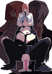 Rule 34 | 2girls, absurdres, bow, bowtie, bra, breasts, censored, chainsaw man, dildo, eyepatch, grey eyes, grey hair, highres, large breasts, makima (chainsaw man), multiple girls, open clothes, open shirt, orange hair, pobotto, pobottomnmn, pussy, quanxi (chainsaw man), sex toy, squatting, torn clothes, underwear, yellow eyes, yuri