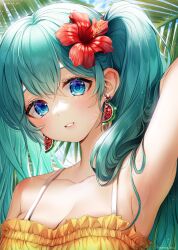 Rule 34 | 1girl, absurdres, aqua hair, armpits, artist name, bikini, blue eyes, blush, breasts, cleavage, collarbone, day, earrings, flower, frilled bikini, frills, grin, hair flower, hair ornament, hatsune miku, hibiscus, highres, jewelry, large breasts, looking at viewer, menna (0012), outdoors, plant, red flower, smile, solo, summer, sunlight, swimsuit, vocaloid, yellow bikini