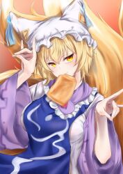 Rule 34 | 1girl, animal ears, blonde hair, blue tabard, bread slice, commentary request, dress, food, food in mouth, fox ears, fox shadow puppet, fox tail, hat, long sleeves, looking at viewer, mob cap, mouth hold, multiple tails, neko bocchi, ofuda, ofuda on clothes, short hair, tabard, tail, toast, toast in mouth, touhou, upper body, white dress, wide sleeves, yakumo ran, yellow eyes