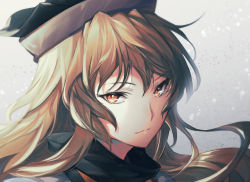 Rule 34 | 1girl, ang, blonde hair, closed mouth, gradient background, grey background, hat, long hair, looking at viewer, matara okina, orange eyes, portrait, solo, touhou