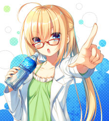 Rule 34 | &gt;:o, 1girl, :o, ahoge, blonde hair, blue eyes, bottle, camisole, character request, coat, collarbone, copyright request, foreshortening, hair between eyes, half updo, holding, holding bottle, index finger raised, lab coat, long hair, looking at viewer, open clothes, open coat, open mouth, pointing, pointing at viewer, ponytail, red-framed eyewear, sidelocks, solo, toosaka asagi, upper body, v-shaped eyebrows, water bottle