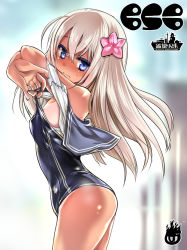Rule 34 | 10s, 1girl, areola slip, bad id, bad pixiv id, bare shoulders, blonde hair, blue eyes, blush, breasts, crop top, flower, full-face blush, hair flower, hair ornament, kantai collection, long hair, looking at viewer, ro-500 (kancolle), sailor collar, school swimsuit, small breasts, solo, standing, swimsuit, swimsuit under clothes, tan, tanline, tokita monta, undressing