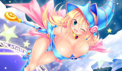 Rule 34 | 1girl, bare shoulders, blonde hair, blush stickers, breasts, choker, cleavage, collarbone, dark magician girl, duel monster, green eyes, hat, hexagram, highres, jewelry, kogarashi (wind of winter), large breasts, long hair, necklace, open mouth, pentacle, smile, solo, star (symbol), wizard hat, yu-gi-oh!, yuu-gi-ou, yu-gi-oh! duel monsters