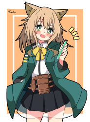 Rule 34 | 1girl, :d, absurdres, animal ears, arknights, belt, black skirt, blush, border, bow, bowtie, brown belt, cat ears, cat girl, collared shirt, cowboy shot, dot nose, green eyes, green jacket, hair between eyes, hendra, highres, holding vial, hood, hood down, hooded jacket, inset border, jacket, legs apart, light brown hair, long hair, long sleeves, looking at viewer, miniskirt, notice lines, open clothes, open jacket, open mouth, orange background, outside border, pleated skirt, podenco (arknights), shirt, sidelocks, signature, skirt, smile, solo, white border, white shirt, yellow bow, yellow bowtie