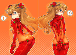 Rule 34 | !, 00s, 1girl, angry, ass, blue eyes, blush, bodysuit, boyaking, brown hair, butt crack, covering privates, covering ass, curvy, evangelion: 2.0 you can (not) advance, long hair, multicolored clothes, multiple views, neon genesis evangelion, plugsuit, rebuild of evangelion, red bodysuit, see-through, see-through bodysuit, shiny clothes, solo, souryuu asuka langley, test plugsuit, tsundere, two side up, very long hair, wide hips