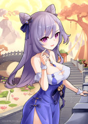 Rule 34 | 1girl, :d, bare shoulders, bow, breasts, bridge, cleavage, commentary, cone hair bun, dress, english commentary, genshin impact, hair between eyes, hair bow, hair bun, hair ornament, hand up, highres, hm (hmongt), keqing (genshin impact), long hair, medium breasts, open mouth, outdoors, purple bow, purple dress, purple eyes, purple hair, smile, solo, stairs, standing, stone stairs, strapless, strapless dress, tree, twitter username, very long hair