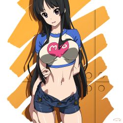 Rule 34 | 1girl, against wall, akiyama mio, arm behind back, black hair, blue eyes, breasts, crop top, denim, denim shorts, heart, hime cut, impossible clothes, impossible shirt, impossible shorts, k-on!, large breasts, long hair, looking at viewer, midriff, navel, open clothes, open fly, open shorts, raglan sleeves, shirt, short shorts, shorts, skindentation, solo, suna (sandworks), unbuttoned, unzipped, very long hair